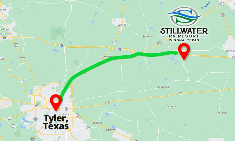 Tyler, Texas to Stillwater RV map Resort