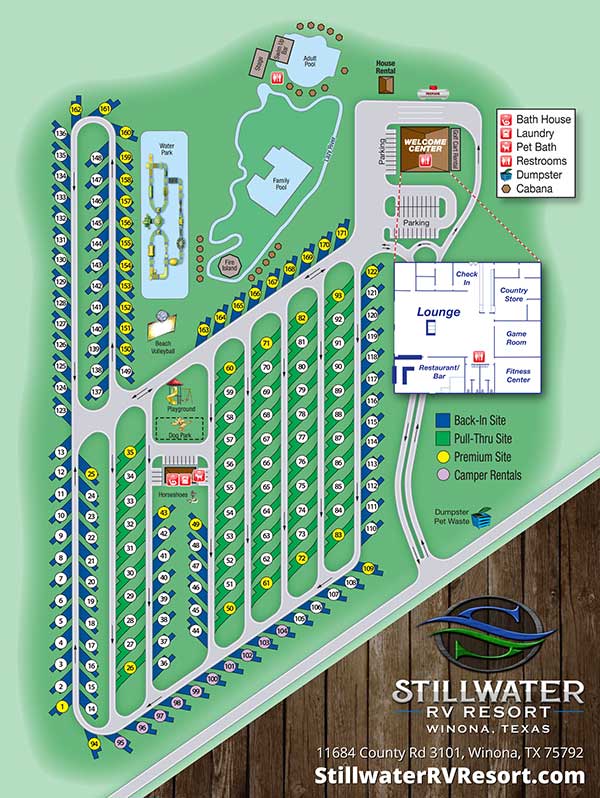 Map of Stillwater RV Resort, luxury campground in Winona, Texas